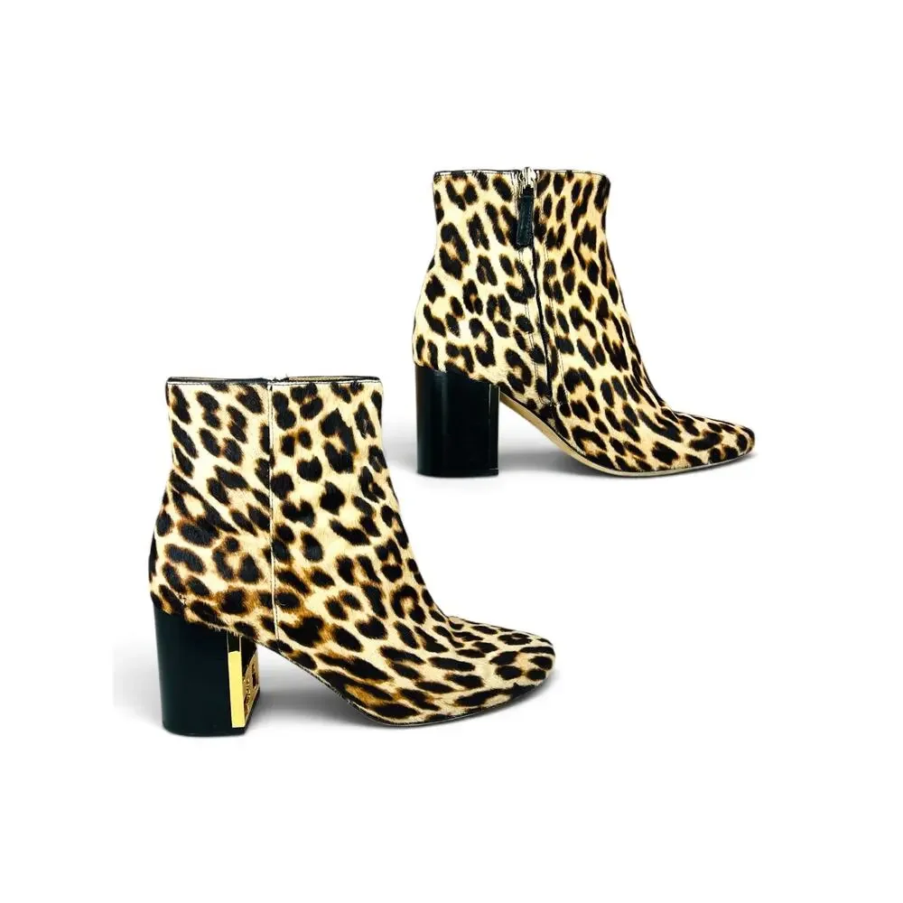 Tory Burch Gigi Leopard Pony Hair Ankle Booties Gold Logo Block Heel Size 8.5